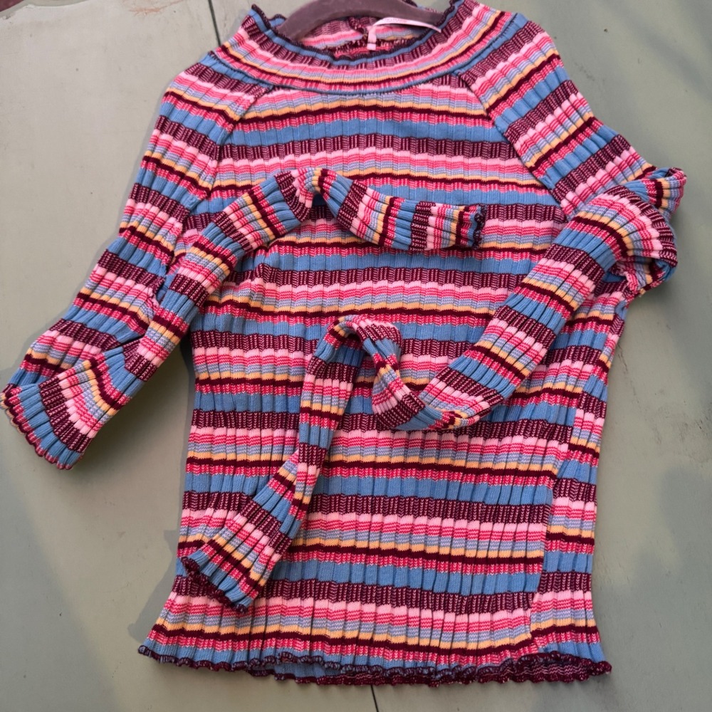 Free People Striped Ribbed Mock Neck Top XS Colorful Y2K Lettuce Hem Edge